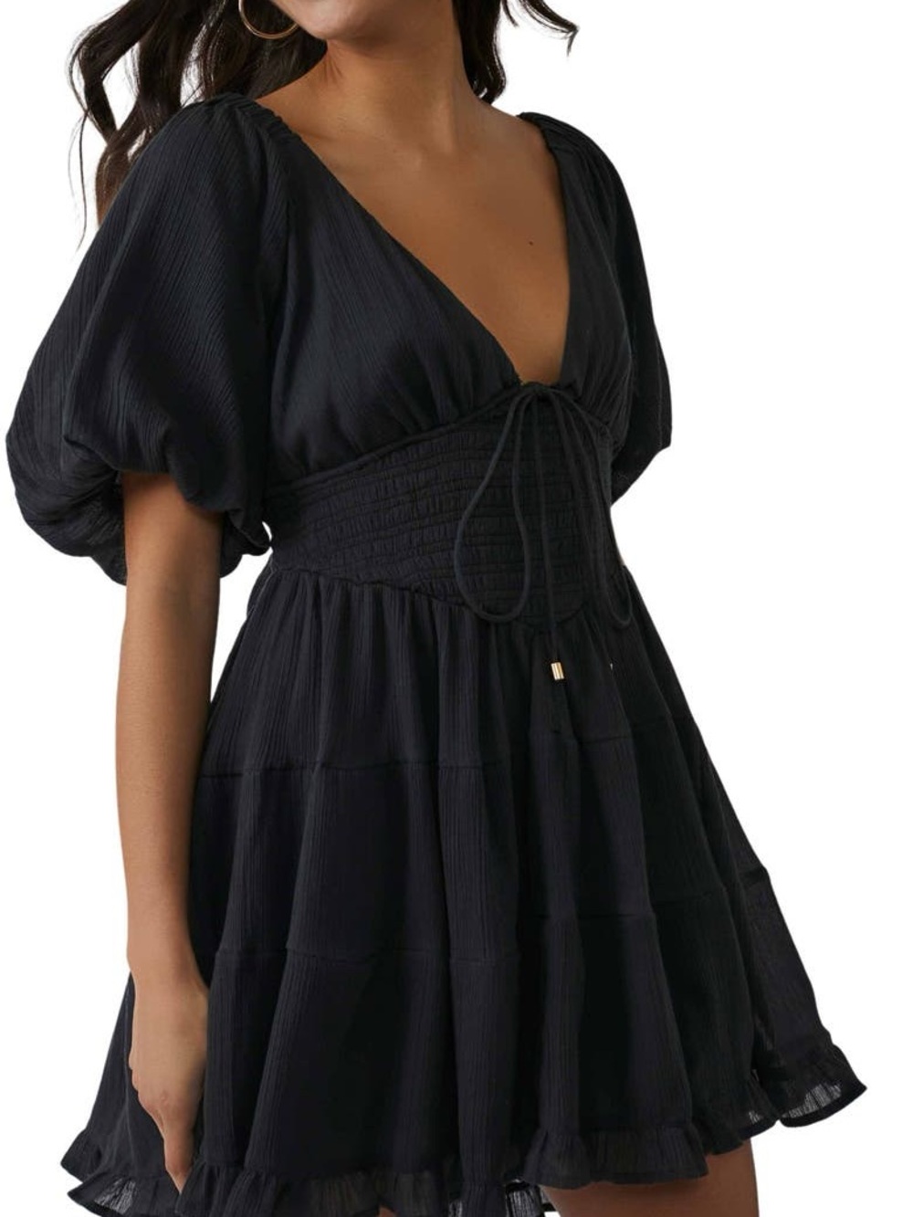 Free People Blue Open Back Mini Dress XS Puff Sleeve Boho Gauze Tie Back - Picture 1 of 9